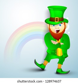 Saint Patrick's Day concept with happy leprechaun on rainbow background.