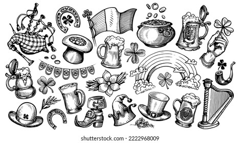 Saint Patricks Day concept. Irish holiday symbols set sketch. Collection illustrations drawn in vintage engraving style