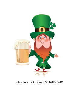 Saint Patrick's Day concept.The Leprechaun is toasted with a mug of foamy beer.Vector illustration for holiday greeting.