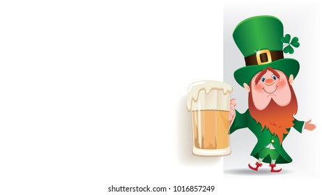 Saint Patrick's Day concept. The Leprechaun is toasted with beer mug next to blank signboard.Empty place for message.Vector illustration for holiday greeting.