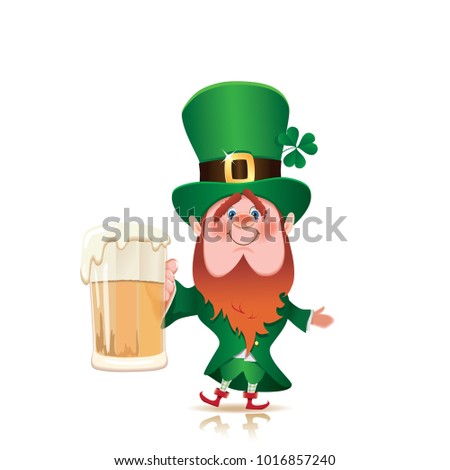 Saint Patrick's Day concept.The Leprechaun is toasted with a mug of foamy beer.Vector illustration for holiday greeting.