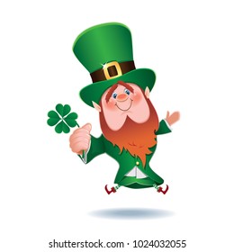 Saint Patrick's Day concept.Cartoon of bouncing Leprechaun with four leaves clover in hand isolated on white background.Vector illustration for holiday greeting.