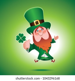 Saint Patrick's Day concept.Cartoon of bouncing Leprechaun with four leaves clover in hand isolated on green background.Vector illustration for holiday greeting.