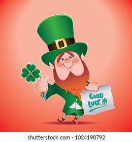 Saint Patrick's Day concept.Cartoon of Leprechaun with 4 sheets clover in hand and textual parchment with a short message -Good Luck-.Vector illustration for holiday greeting.