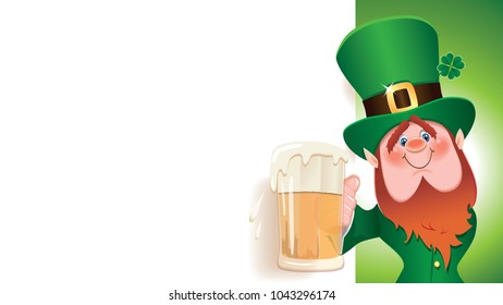 Saint Patrick's Day concept.Cartoon of Leprechaun toasted with beer mug next to blank white signboard.Empty place for text.Vector illustration for holiday greeting.