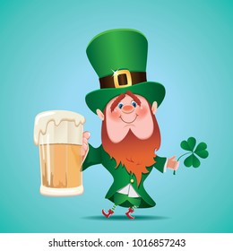 Saint Patrick's Day concept.Catroon of Leprechaun with clover in his hand is toasted with a mug of foamy beer.Vector illustration for holiday greeting.