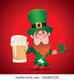 Saint Patrick's Day concept.Catroon of Leprechaun with clover in his hand is toasted with a mug of foamy beer isolated on red background.Vector illustration for holiday greeting.
