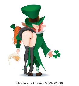 Saint Patrick's Day concept.Leprechaun carries a drunken girl over her shoulder.Vector illustration for holiday greeting.