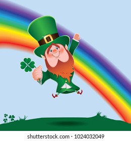 Saint Patrick's Day concept.Leprechaun in landscape with four leaves clover in hand swinging on a rainbow.Vector illustration for holiday greeting.