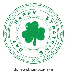 Saint Patrick's Day Congratulation on circle grunge decorative stamp with clover shamrock symbol placed in center. EPS10 vector.