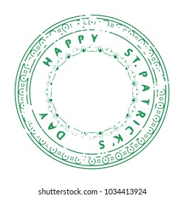 Saint Patrick's Day Congratulation on circle grunge decorative stamp with clover shamrock symbol placed in center. EPS10 vector.