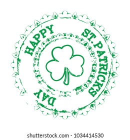 Saint Patrick's Day Congratulation on circle grunge decorative stamp with clover shamrock symbol placed in center. EPS10 vector.