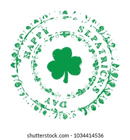 Saint Patrick's Day Congratulation on circle grunge decorative stamp with clover shamrock symbol placed in center. EPS10 vector.