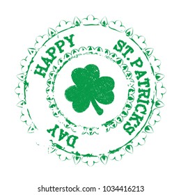 Saint Patrick's Day Congratulation on circle grunge decorative stamp with clover shamrock symbol placed in center. EPS10 vector.