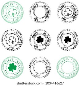 Saint Patrick's Day Congratulation on circle grunge decorative stamp set with clover shamrock symbol placed in center. EPS10 vector collection.