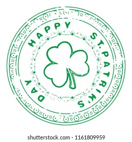 Saint Patrick's Day Congratulation on circle grunge decorative stamp with clover shamrock symbol placed in center. EPS10 vector.