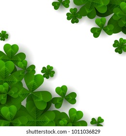 Saint Patrick's Day Corner Decoration with Green Four and Tree Leaf Clovers on White Background. Vector illustration. Party Invitation Design, Typographic Template. Lucky and success symbols