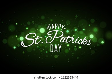 Saint Patrick's day cover. Green glowing glares bokeh. Festive lettering for your design. Abstract glitter. Vector illustration. EPS 10