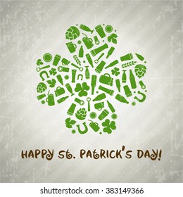 Saint Patrick's day craft beer poster. Vector green shamrock composed of beer bottles, glasses, mugs, ingredients and accessories. Retro grunge background.
