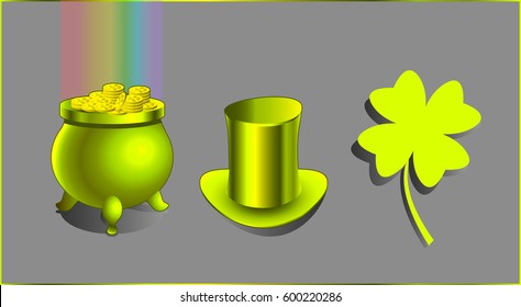Saint Patrick's Day cultural symbols: leprechaun's magical cauldron, filled with golden coins to the brim, with rainbow emerging from above; leprechaun's cylinder, and lucky four-leaf clover.