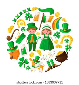 Saint Patricks Day cute boy and girl in green retro costumes, cartoon shamrock, leprechaun, pot of gold coins, smoking pipe, bowler hat, beer, gift, horseshoe, irish flag, vector set isolated on white