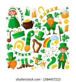 Saint Patricks Day cute boy and girl in green retro costumes, cartoon shamrock, leprechaun, pot of gold coins, smoking pipe, bowler hat, beer, gift, horseshoe, irish flag, vector set isolated on white