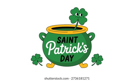 Saint Patricks Day cute pot of gold illustration with smiling shamrock clover on white background celebrating irish holiday luck joy and festive tradition