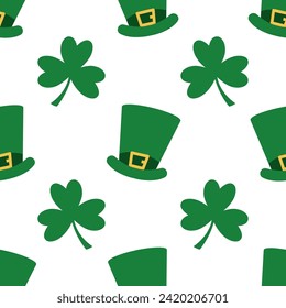 Saint Patrick's Day cute seamless pattern. An endless background with green cylinder hats and three leaf shamrock.