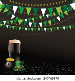 Saint Patricks Day dark beer party background EPS 10 vector royalty free stock illustration perfect for advertising, poster, announcement, invitation, party, greeting card, festival, parade