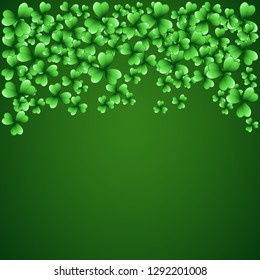 Saint Patrick's Day dark green vector frame with clover leaves. Irish festival celebration greeting card design background. Nature floral spring backdrop.