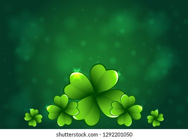 Saint Patrick's Day dark green vector frame with glowing lights and clover leaves. Irish festival celebration greeting card design background. Nature floral spring backdrop.