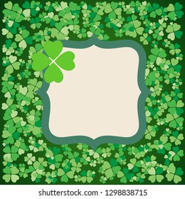 Saint Patrick's Day dark green vintage vector frame with small four-leaf clover shamrock leaves. Irish festival celebration greeting card design background. Nature floral spring backdrop.