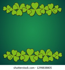 Saint Patrick's Day dark green vector border with clover shamrock leaves. Irish festival celebration greeting card design background.