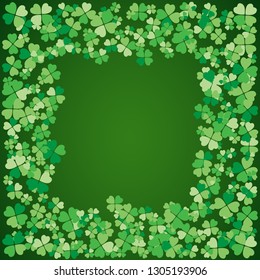 Saint Patrick's Day dark green vector frame with small four-leaf clover shamrock leaves. Irish festival celebration greeting card design background. Nature floral spring backdrop.