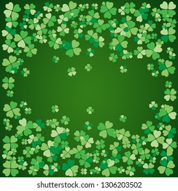 Saint Patrick's Day dark green vector frame with small four-leaf clover shamrock leaves. Irish festival celebration greeting card design background. Nature floral spring backdrop.