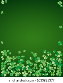 Saint Patrick's Day dark vector frame with small green four-leaf clover shamrock leaves. Irish festival celebration greeting card design background. Nature floral spring backdrop.