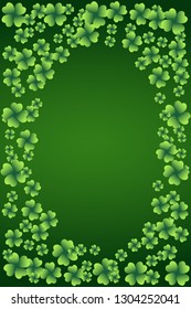 Saint Patrick's Day dark vector frame with small green four-leaf clover shamrock leaves. Irish festival celebration greeting card design background. Nature floral spring backdrop.