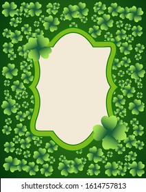 Saint Patrick's Day dark vector frame with small green four-leaf clover shamrock leaves. Irish festival celebration greeting card design background. Nature floral spring backdrop.