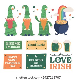 Decoraciones y pegatinas del Día de San Patricio en un estilo plano con saludo de texto, cerveza verde, leprechauns, arcoiris y caldero con oro. Ilustración vectorial.