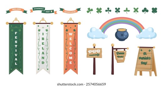 Saint Patrick's Day decorative sticker set with Irish holiday symbols, pub wooden signs with arrows, rainbow with the cauldron full of gold. Vector graphic illustrations.