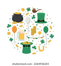 Saint Patrick's Day design circle composition. Vector illustration. Isolated on white background. Set of vector modern flat design circle composition