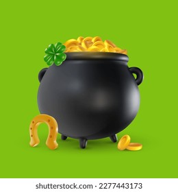 Saint Patricks Day design composition in 3d realistic cartoon style. Celebration concept with cauldron, gold money, green clover, horseshoe. Treasure of leprechaun. Vector illustration.