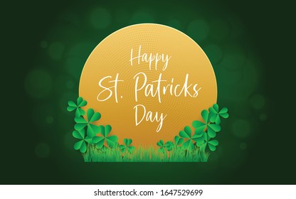 Saint Patricks Day Design with  Grass,  Clover leaves and Shamrock on Blurred Green Background. Luxury Golden Color and Typography Calligraphic Lettering Happy St Patricks Day. Vector Illustration

