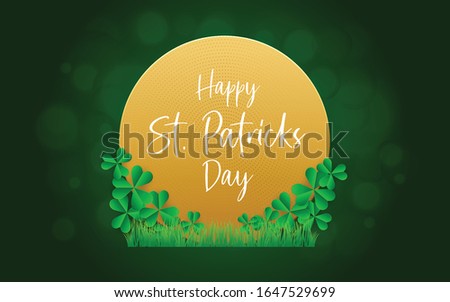 Saint Patricks Day Design with  Grass,  Clover leaves and Shamrock on Blurred Green Background. Luxury Golden Color and Typography Calligraphic Lettering Happy St Patricks Day. Vector Illustration

