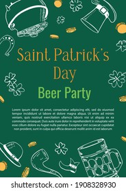 Saint Patrick's Day design template with text sample. Beer mug, hat, pot with coins, shamrocks. Hand drawn outline vector sketch illustration