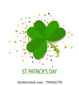 Saint Patrick's Day design with tree leaf clover and golden dots on white background. Vector illustration. Party Invitation design, typographic template. Lucky and success symbols