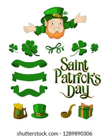 Saint Patricks Day designer cartoon elements set. Leprechaun and traditional elements hat, smoke pipe, clover, beer and gift. Vector illustration