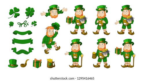 Saint Patricks Day designer cartoon elements set. Leprechaun different poses collection and traditional elements hat, smoke pipe, clover, beer and gift. Vector illustration