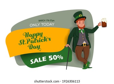 Saint Patrick's Day discount and sale sticker with Irish fantastic character Leprechaun. Special offer banner Vector design
