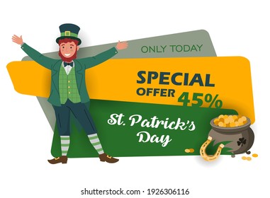 Saint Patrick's Day discount and sale sticker with Irish fantastic character Leprechaun. Special offer banner Vector design